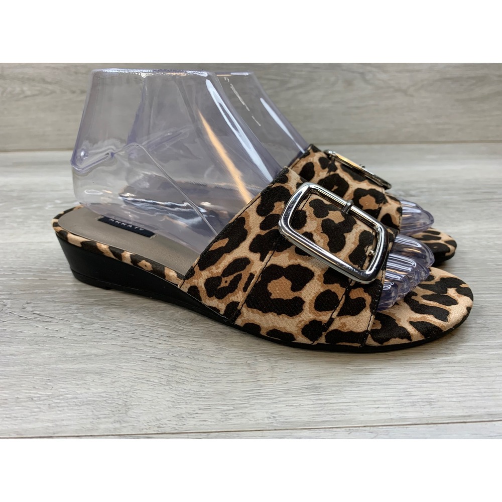 Array Women's Leopard Print Buckle Slide Sandals Low Wedge Brown Tan Size 7.5M